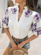 Floral Print Notched Puff Sleeve Blouse for Women