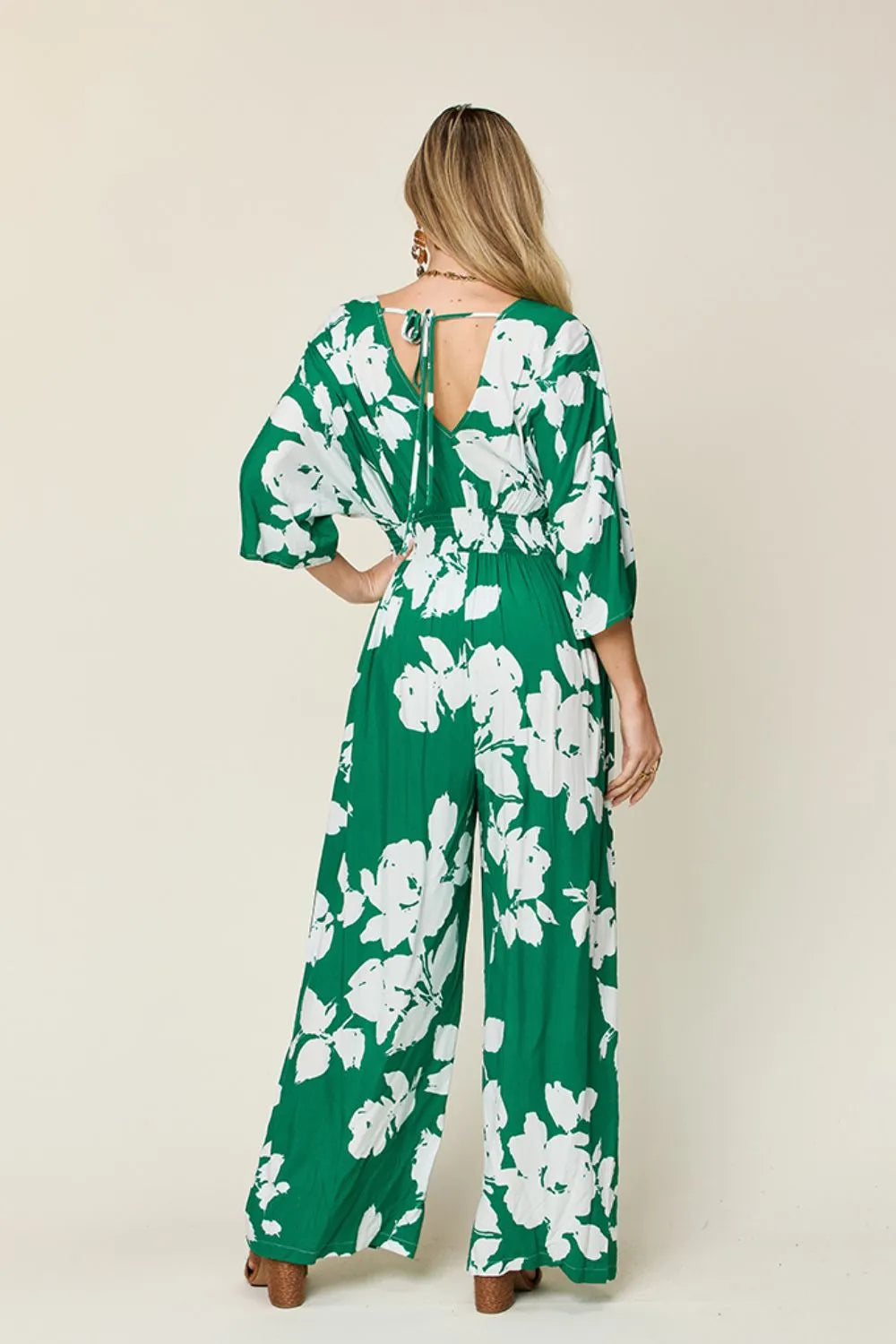 Double Take Full Size Printed Tie Back Wide Leg Jumpsuit - Modanista Fashion