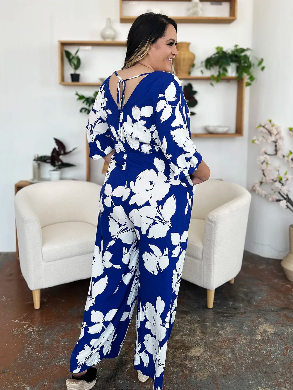 Double Take Full Size Printed Tie Back Wide Leg Jumpsuit - Modanista Fashion