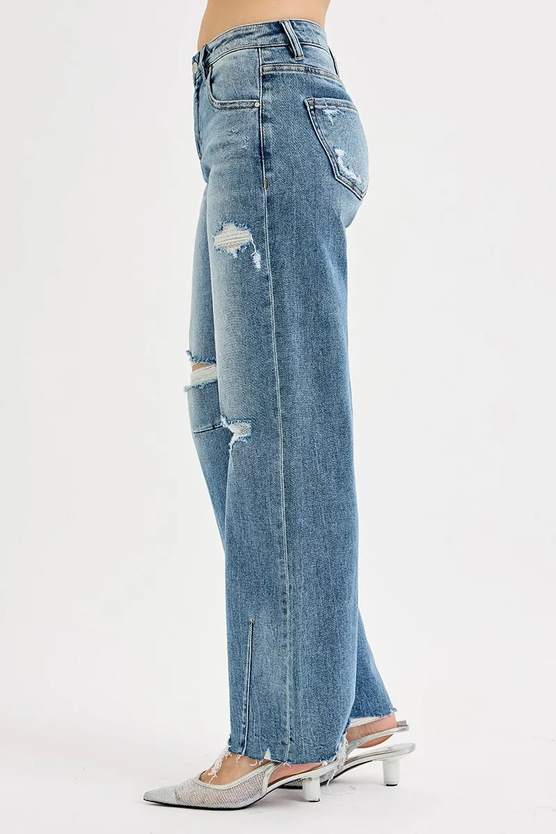 RISEN Full Size Mid Rise Fit Wide Baggy Leg Tie Washed Jeans Plus Size - Modanista Fashion