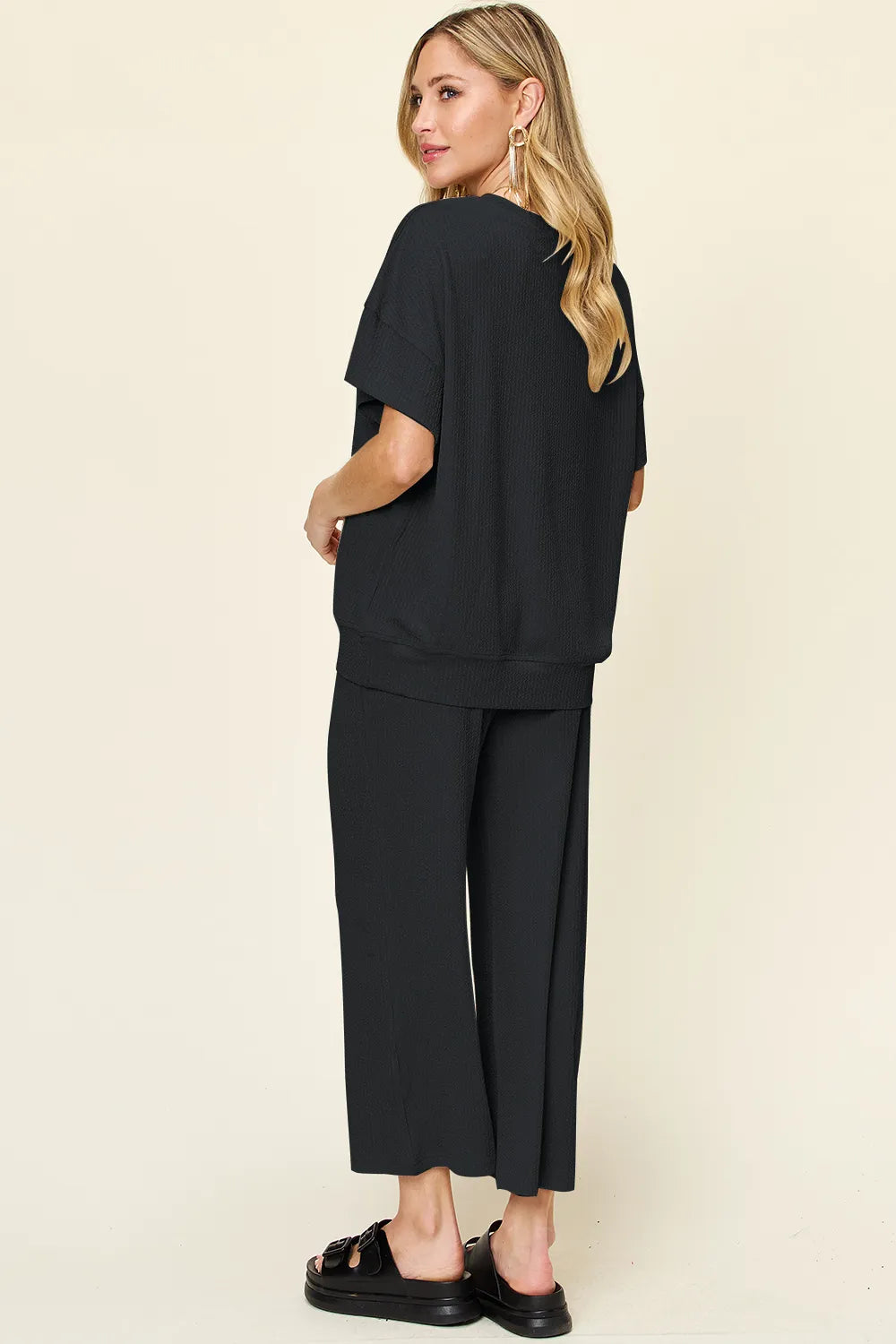 Double Take Full Size Texture Round Neck Short Sleeve T-Shirt and Wide Leg Pants - Modanista Fashion