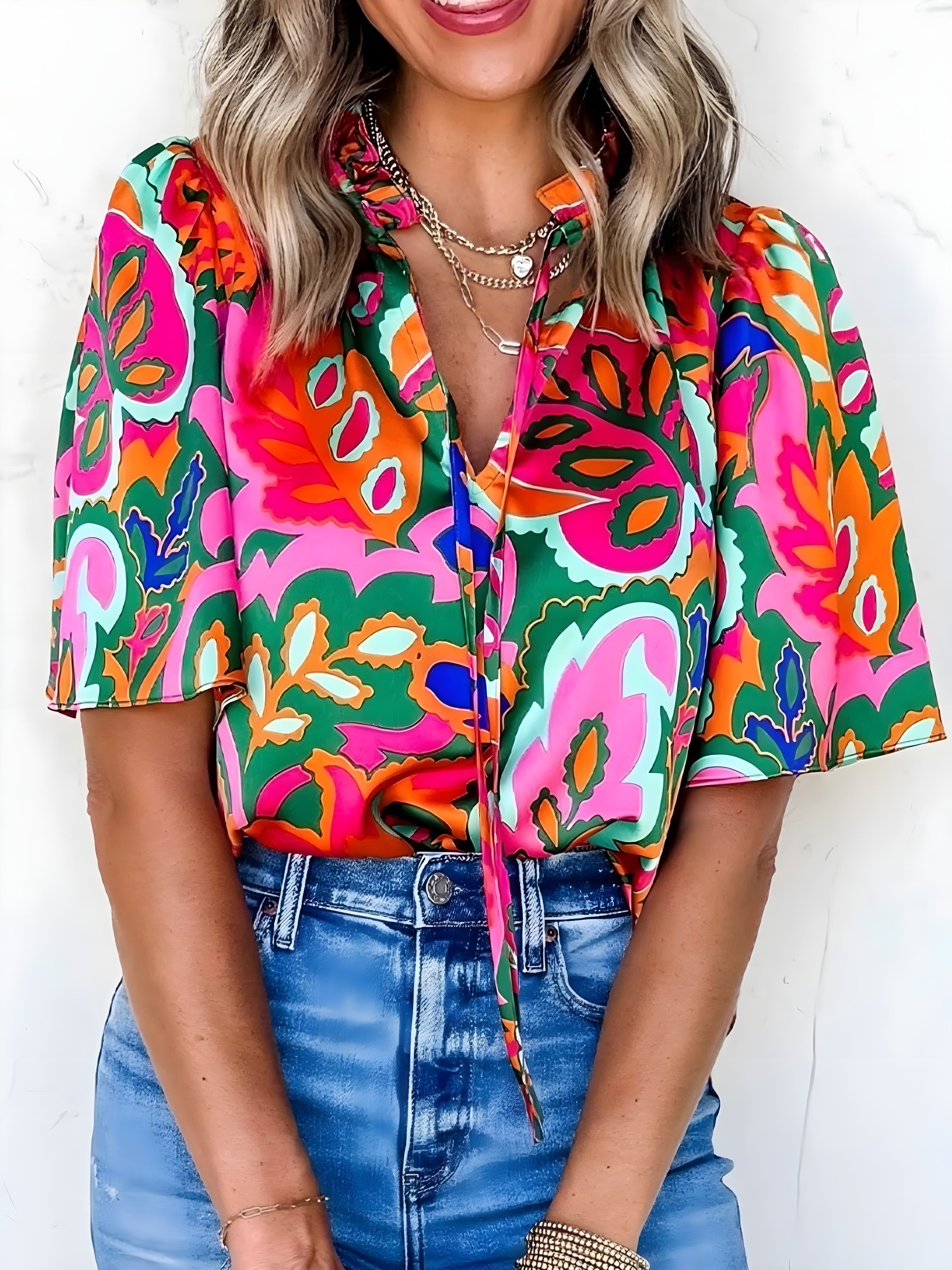Tropical Print Kurzärmel Binde Halsbluse