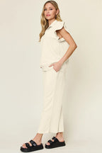 Double Take Texture Ruffle Short Sleeve Top and Drawstring Wide Leg Pants Set - Modanista Fashion