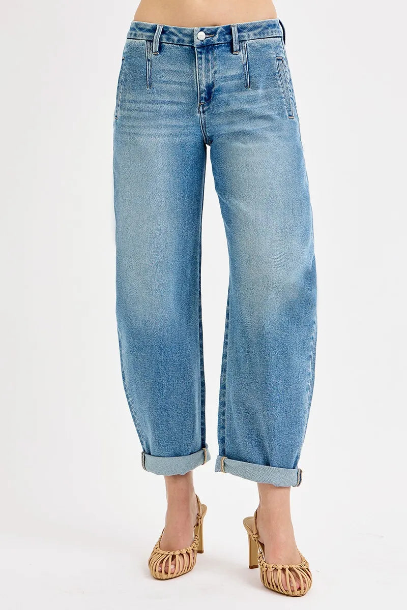 RISEN Full Size Mid Rise Fit Barrel Roll Up Jeans Plus Size - Modanista Fashion