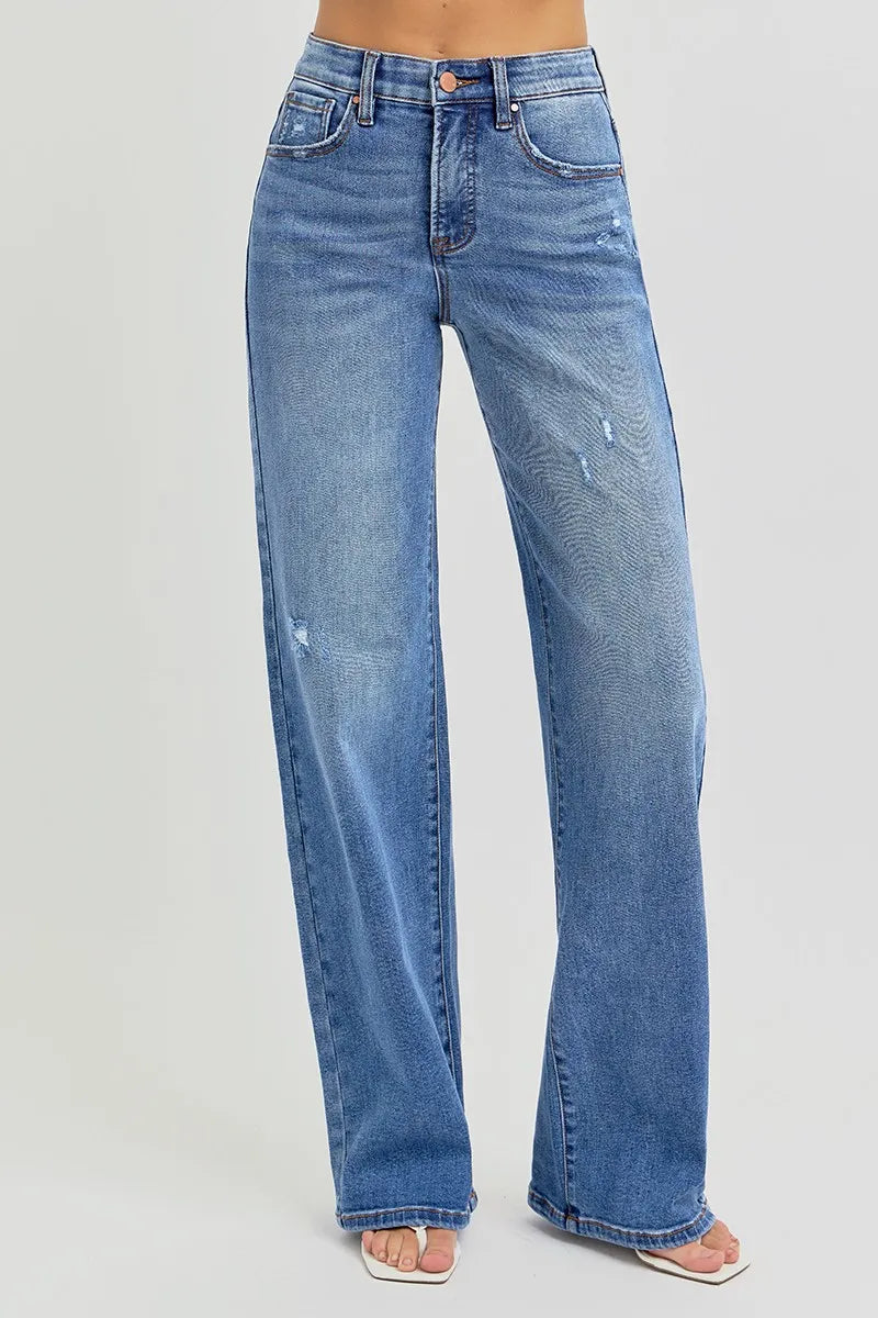 RISEN Full Size Tummy Control Elastic Band High Rise Wide Jeans Plus Size - Modanista Fashion