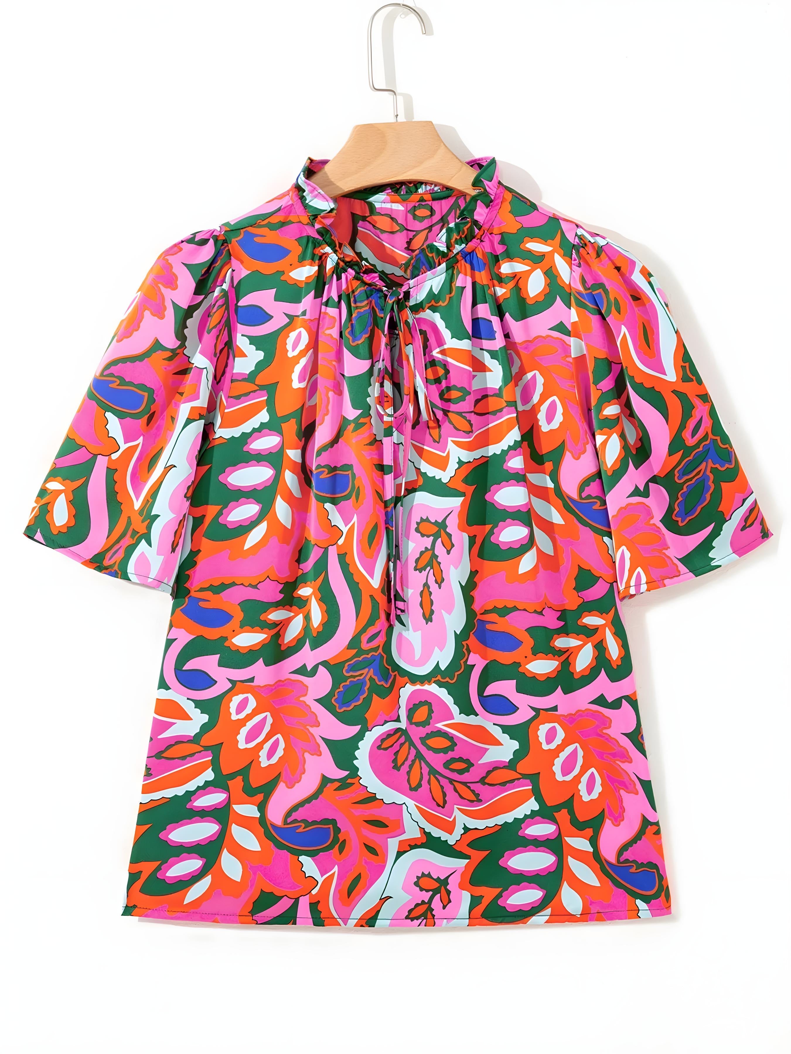 Tropical Print Kurzärmel Binde Halsbluse