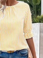 Striped Round Neck Half Sleeve Casual Blouse for Women