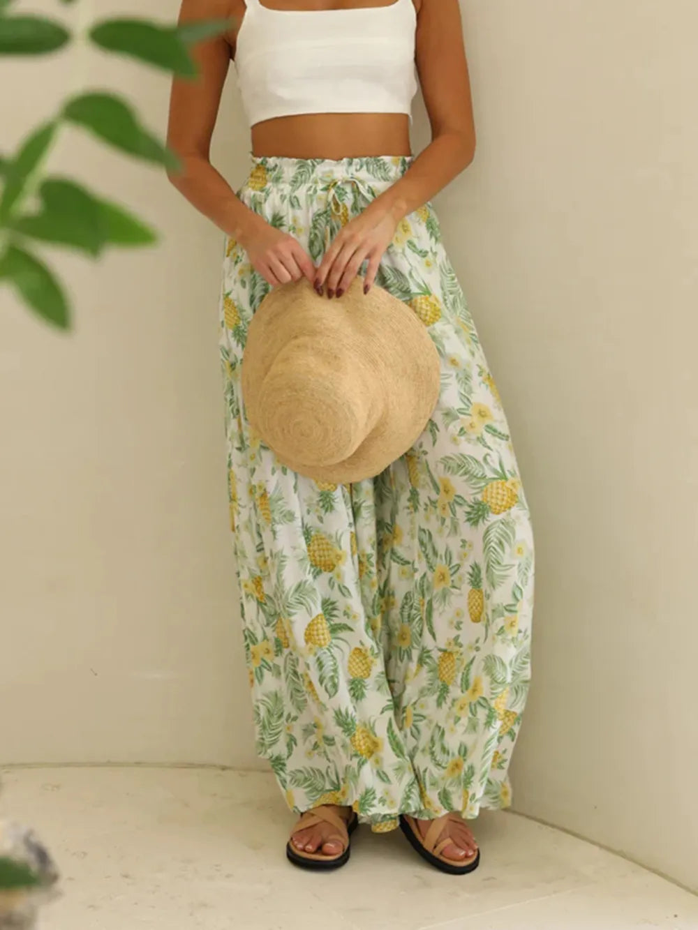 Drawstring Paperbag Waist Printed Wide Leg Pants - Modanista Fashion