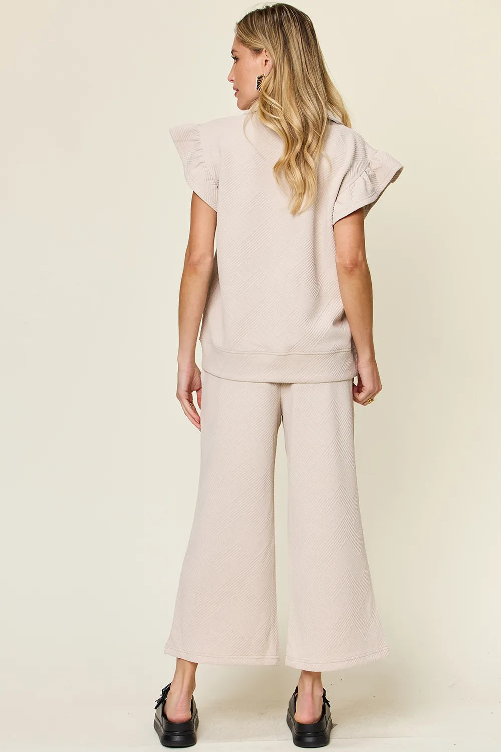 Double Take Texture Ruffle Short Sleeve Top and Drawstring Wide Leg Pants Set - Modanista Fashion