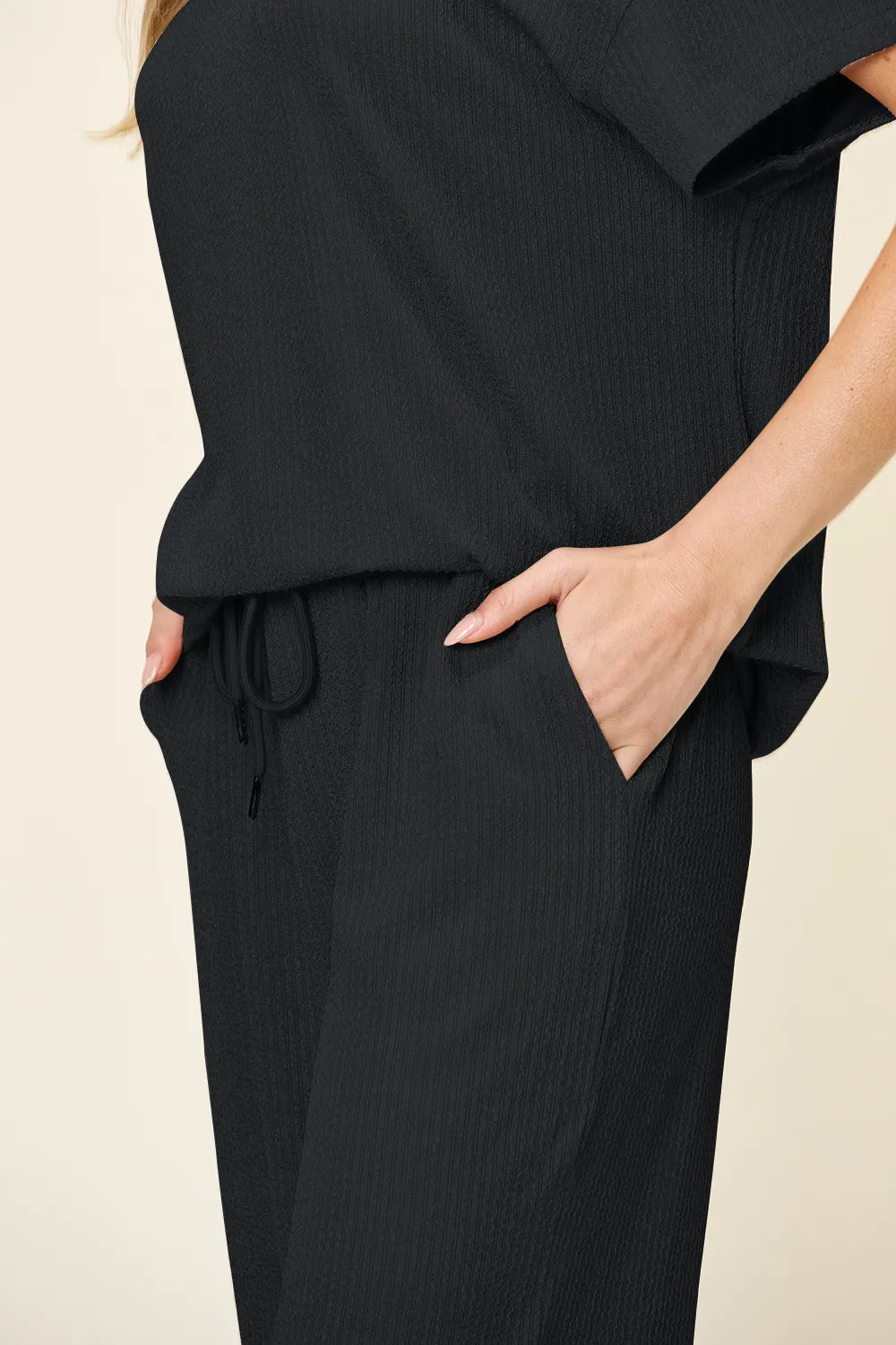 Double Take Full Size Texture Round Neck Short Sleeve T-Shirt and Wide Leg Pants - Modanista Fashion