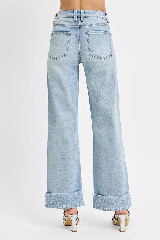 RISEN Full Size Tummy Control High Rise Ankle Wide Cuffed Jeans Plus Size - Modanista Fashion