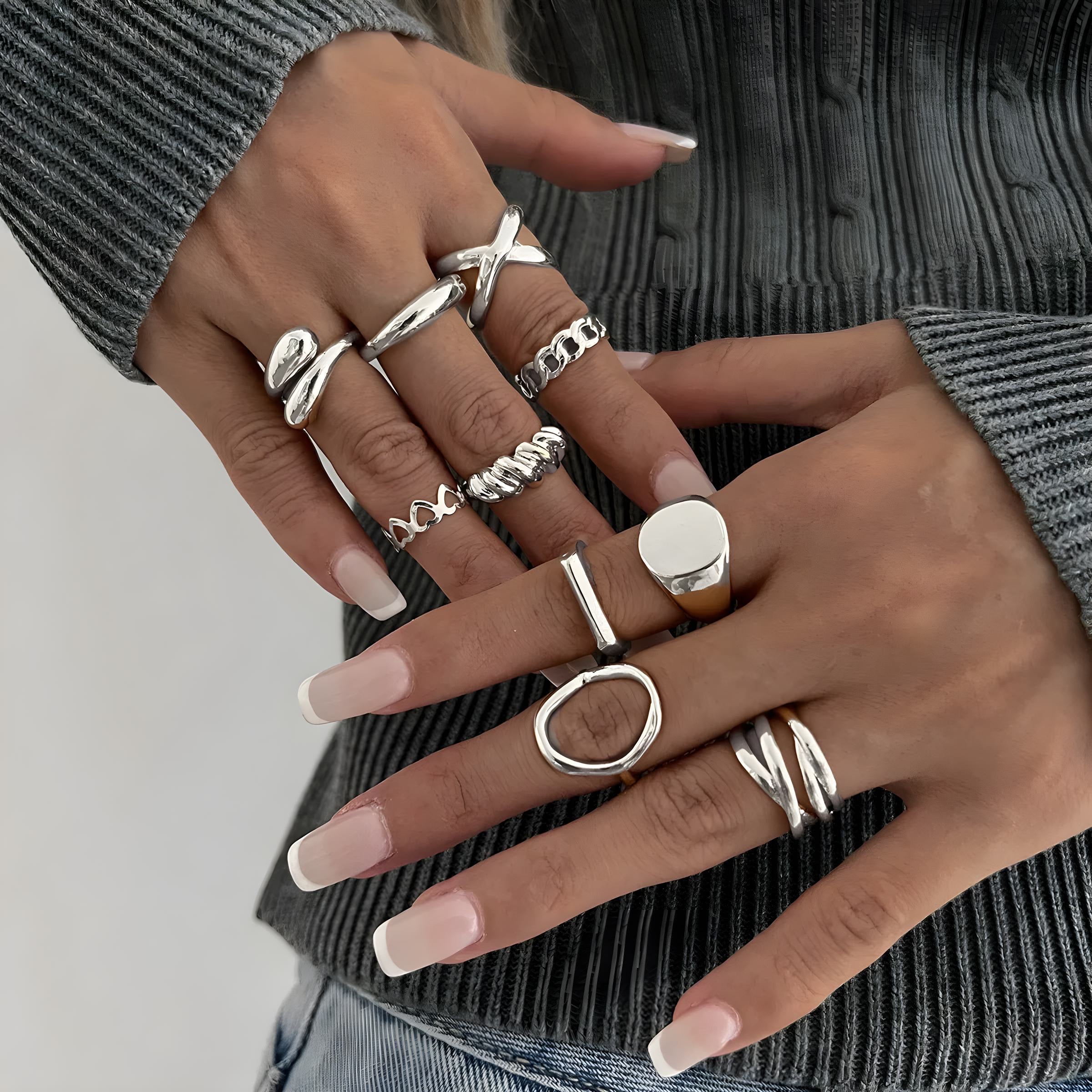 10-Piece Alloy Geometric Ring Set for Women
