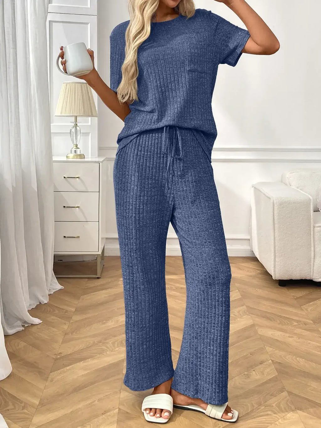 Ribbed Knit Short Sleeve Top and Pants Lounge Set - Modanista Fashion