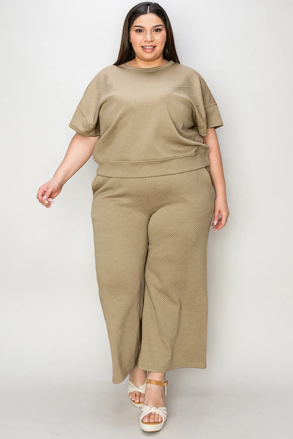 Double Take Full Size Texture Short Sleeve Top and Pants Set - Modanista Fashion