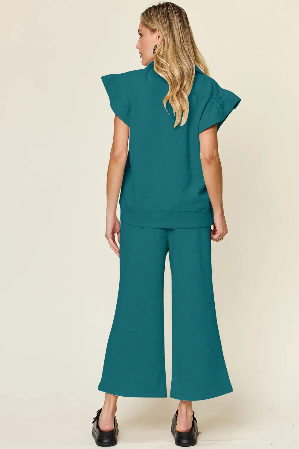 Double Take Texture Ruffle Short Sleeve Top and Drawstring Wide Leg Pants Set - Modanista Fashion