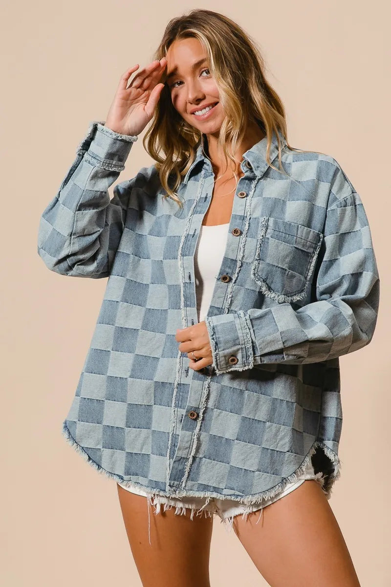 BiBi Frayed Edged Detail Washed Checker Denim Shirt - Modanista Fashion