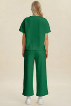 Double Take Full Size Texture Round Neck Short Sleeve Top and Pants Set