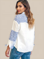 Çizgili patchwork düğmesi aşağı gömlek leopar baskı detayları