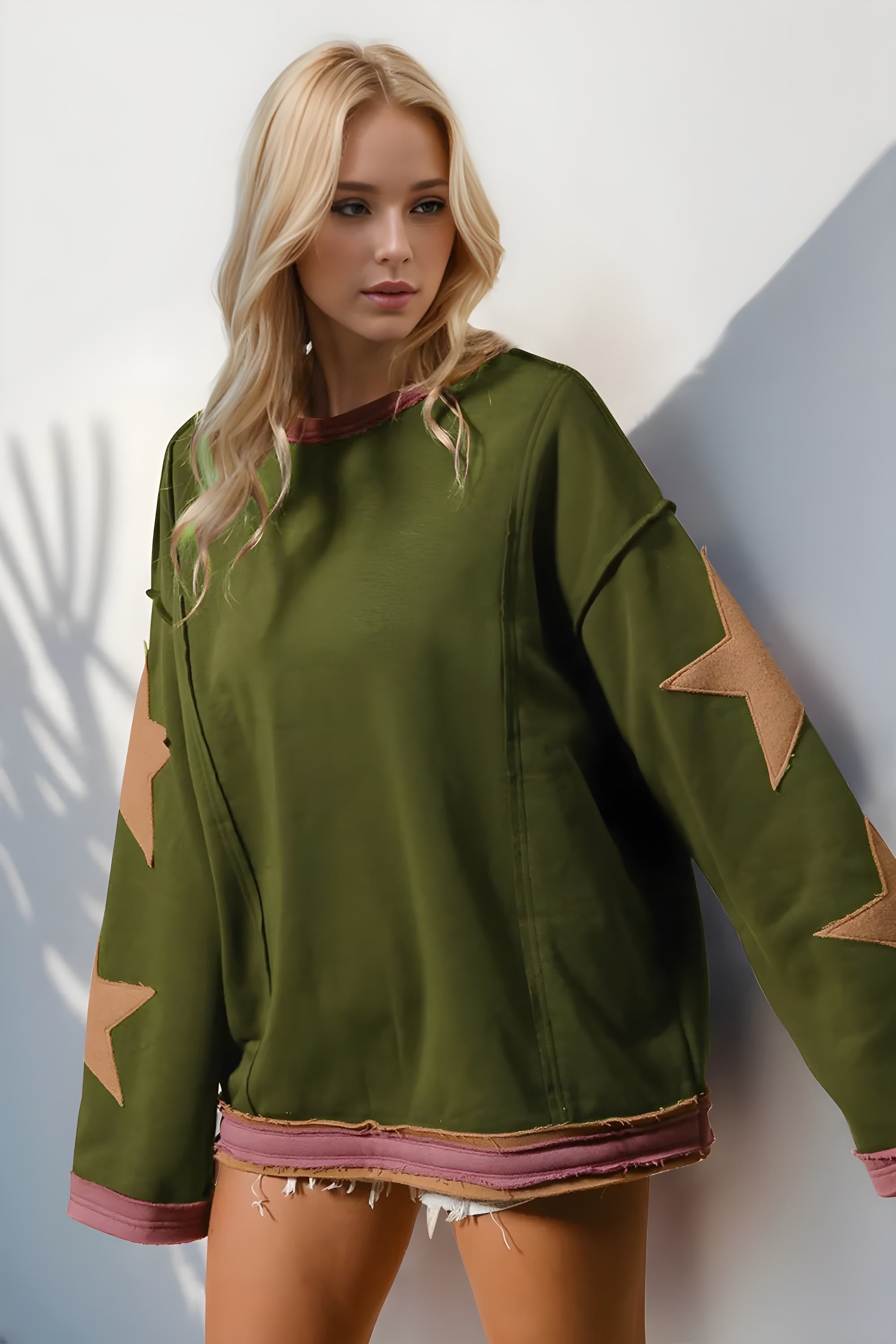 Star Patched Long Sleeve Sweatshirt for Women