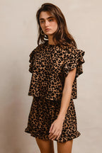 Bibi Leopard Print Waffle Texture Layered Ruffle Sleeve Top and Shorts Set
