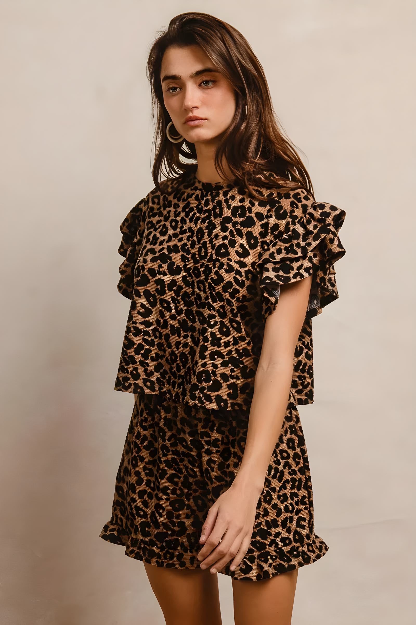 Bibi Leopard Print Waffle Texture Layered Ruffle Sleeve Top and Shorts Set