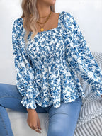 Floral Square Neck Flounce Sleeve Blouse for Women