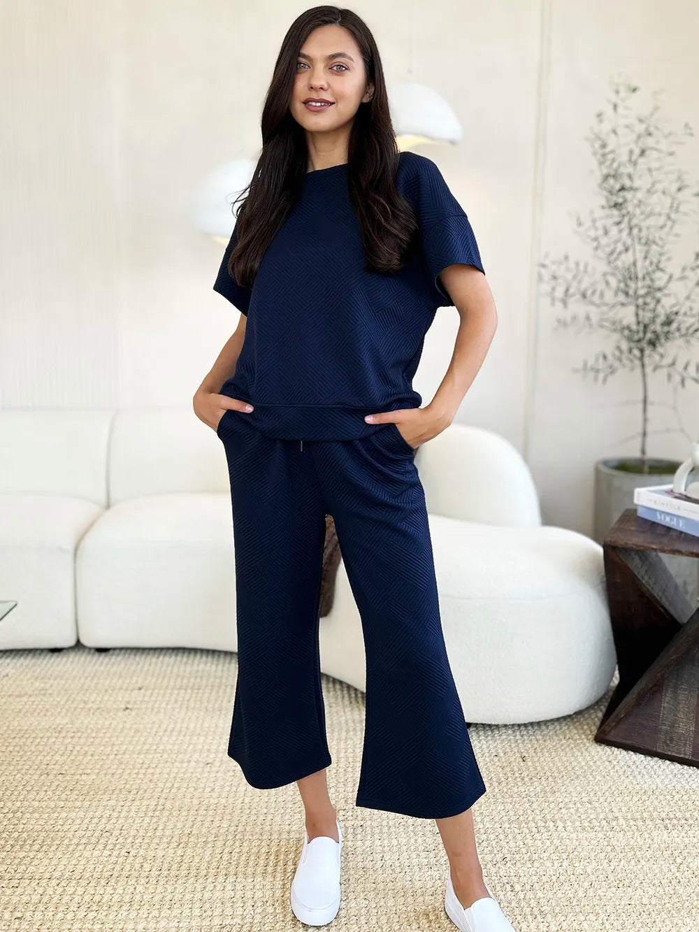 Double Take Full Size Texture Short Sleeve Top and Pants Set - Modanista Fashion