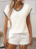 Contrast Trim V-Neck Short Sleeve Knit Top - Modanista Fashion