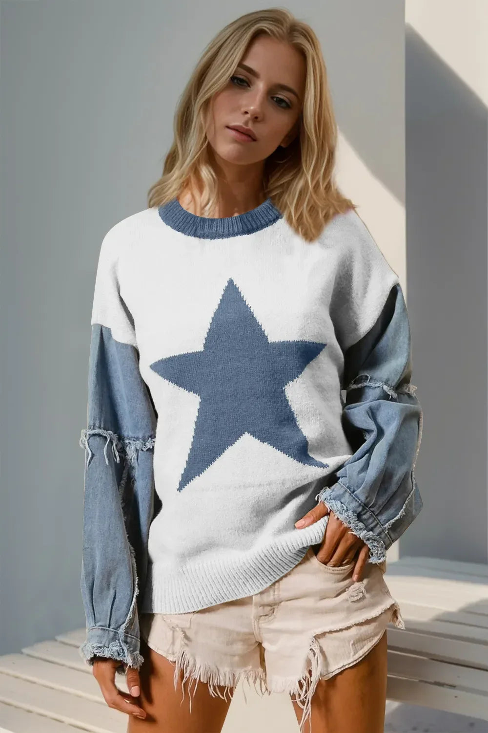 Double Take Full Size Star Pattern Raw Edge Long Sleeve Sweater - Modanista Fashion