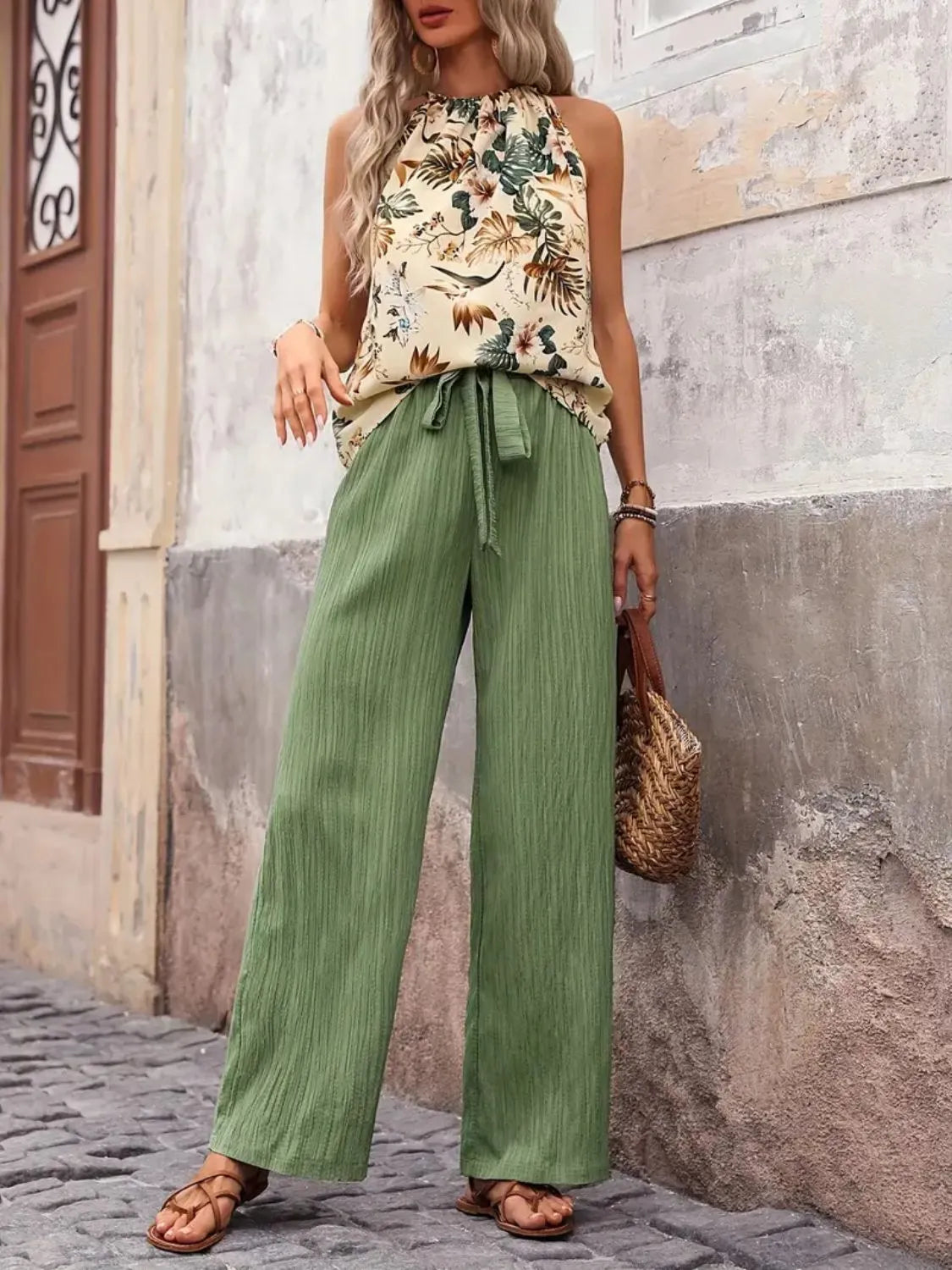 Printed Tank Top and Wide Leg Pants Set - Modanista Fashion
