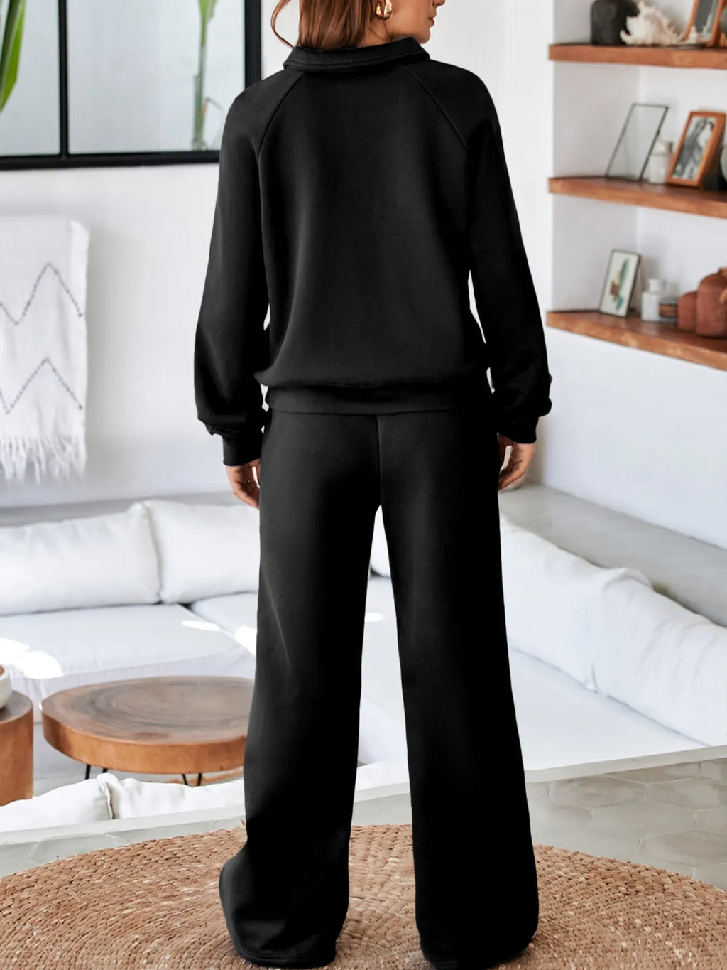 Collared Sweatshirt and High Waist Pants Active Set - Modanista Fashion