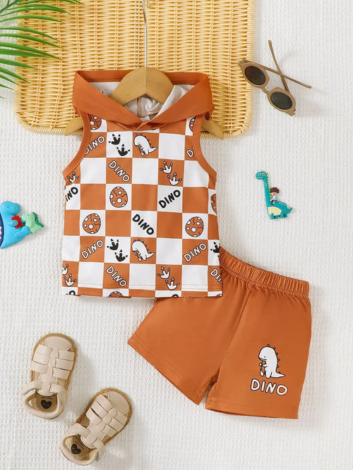 Children's Dinosaur Checkered Sleeveless Hooded Top and Shorts Set - Modanista Fashion
