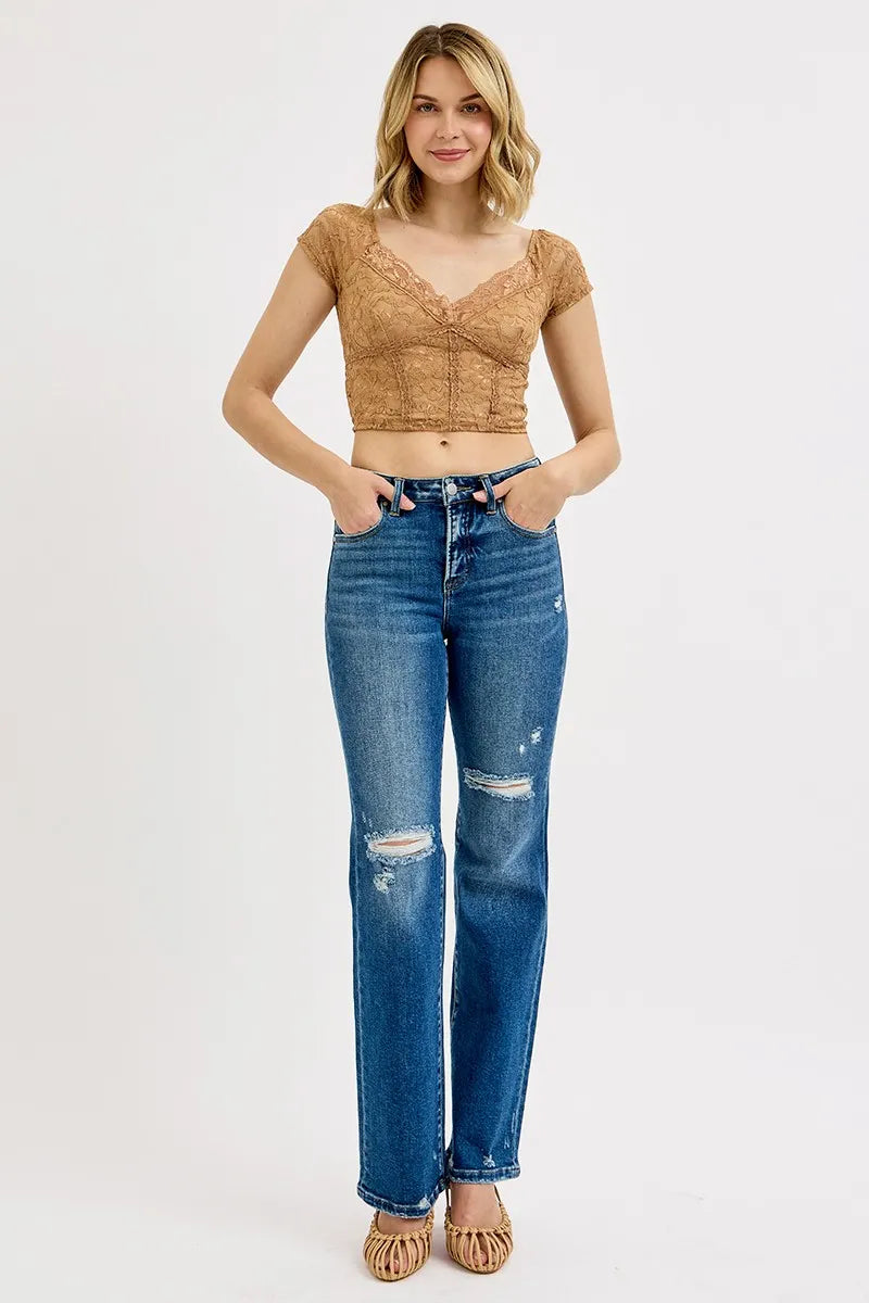 RISEN Full Size Tummy Control High Rise Straight Distressed Jeans Plus Size - Modanista Fashion