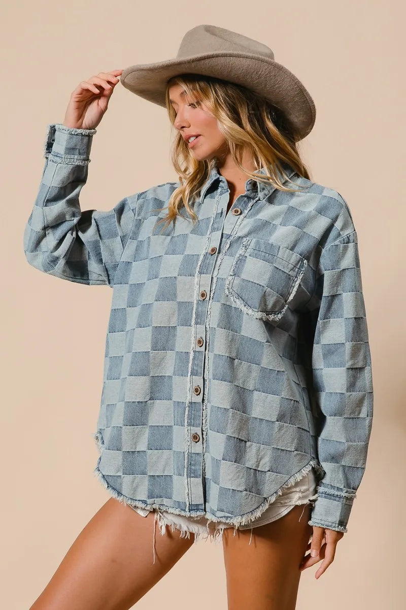 BiBi Frayed Edged Detail Washed Checker Denim Shirt - Modanista Fashion