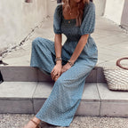 Tryckt fyrkantig nacke puffhylsa jumpsuit