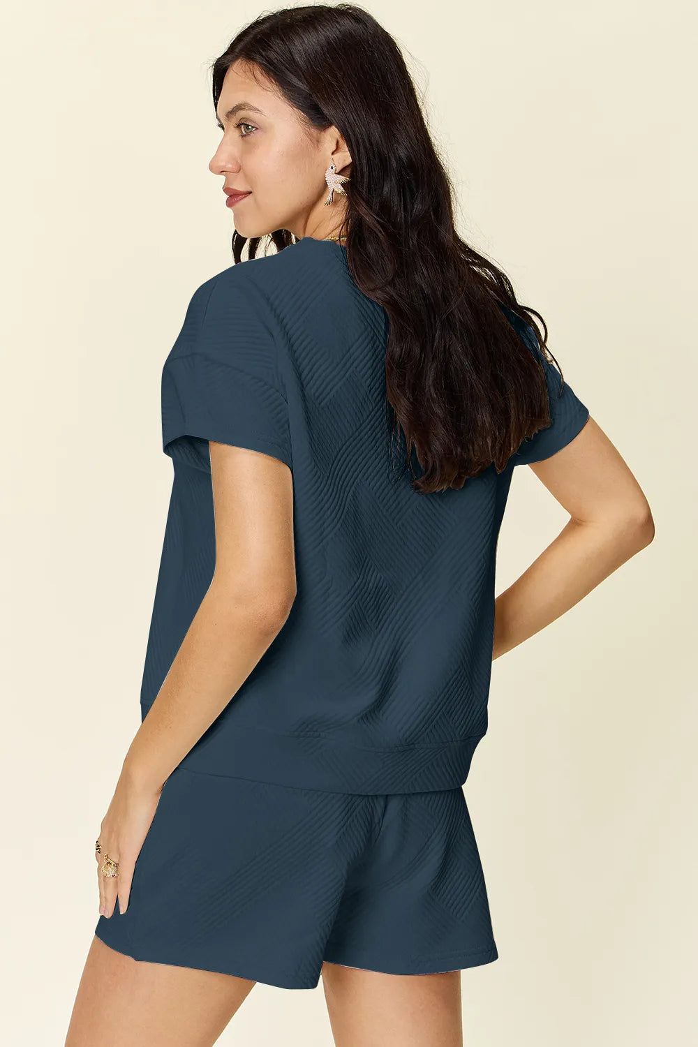 Double Take Full Size Texture Short Sleeve T-Shirt and Drawstring Shorts Set - Modanista Fashion