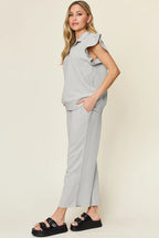 Double Take Texture Ruffle Short Sleeve Top and Drawstring Wide Leg Pants Set - Modanista Fashion