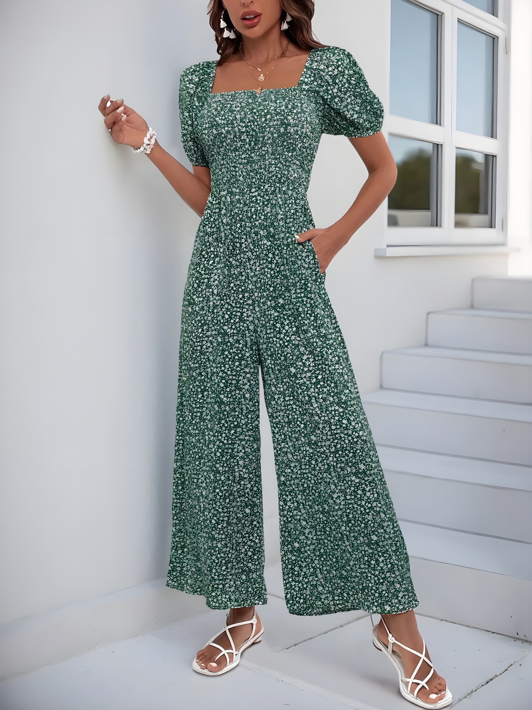 Tryckt fyrkantig nacke puffhylsa jumpsuit