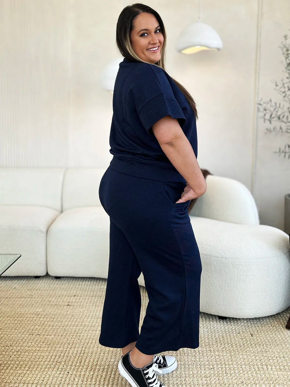 Double Take Full Size Texture Short Sleeve Top and Pants Set - Modanista Fashion