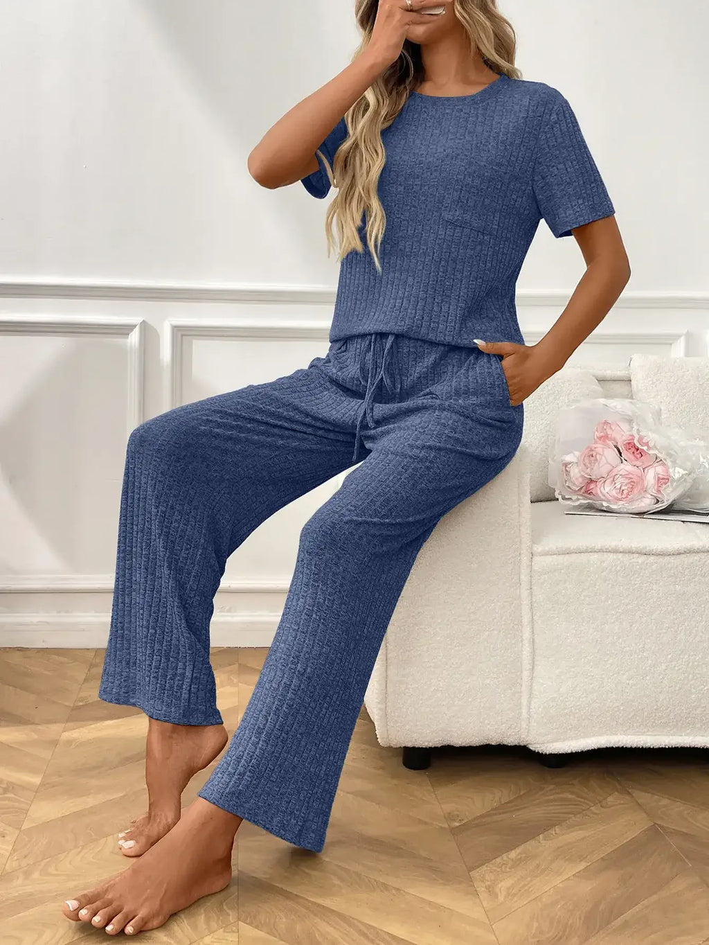 Ribbed Knit Short Sleeve Top and Pants Lounge Set - Modanista Fashion