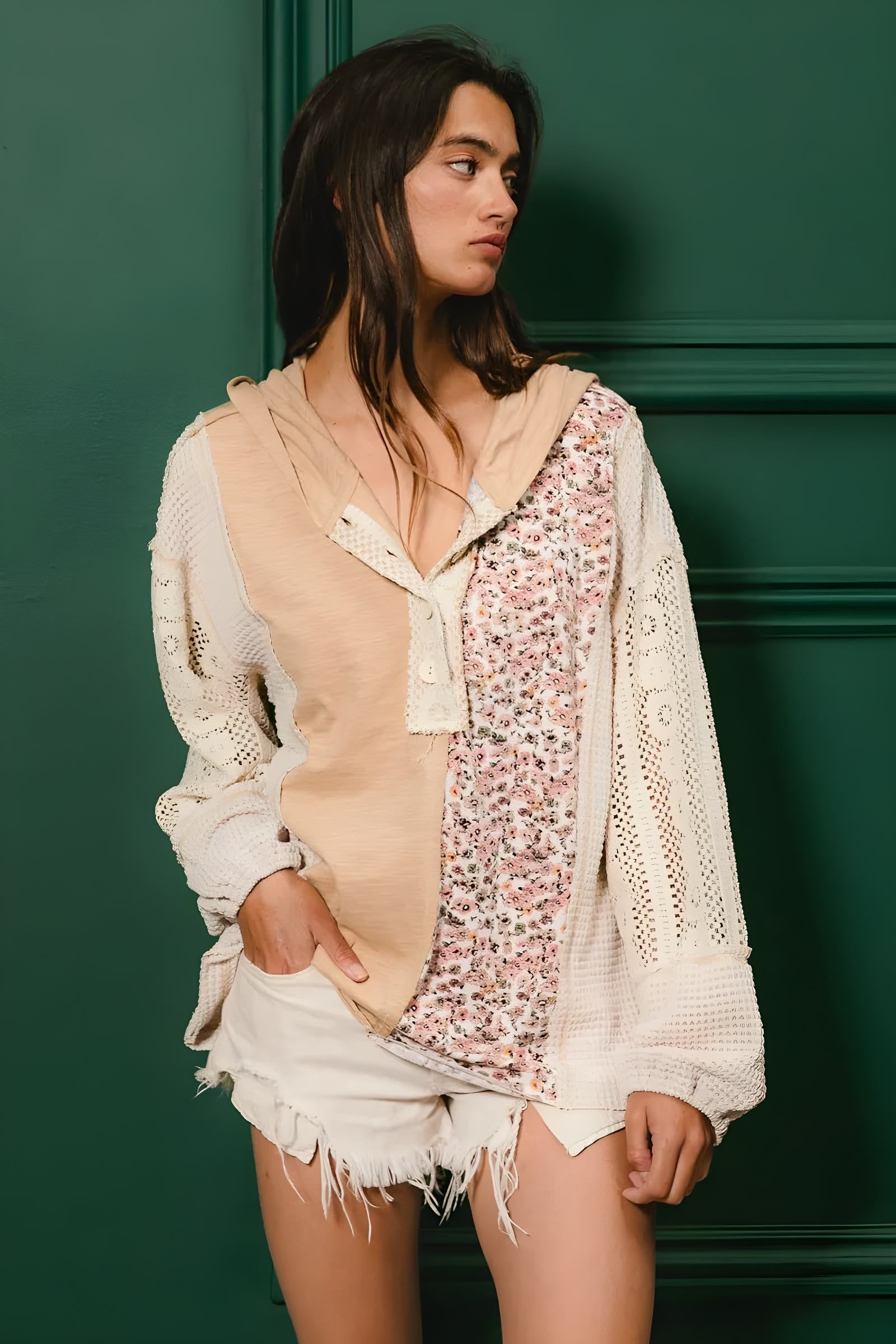 BiBi Slub Jersey with Lace Combo Buttoned Hoodie Top
