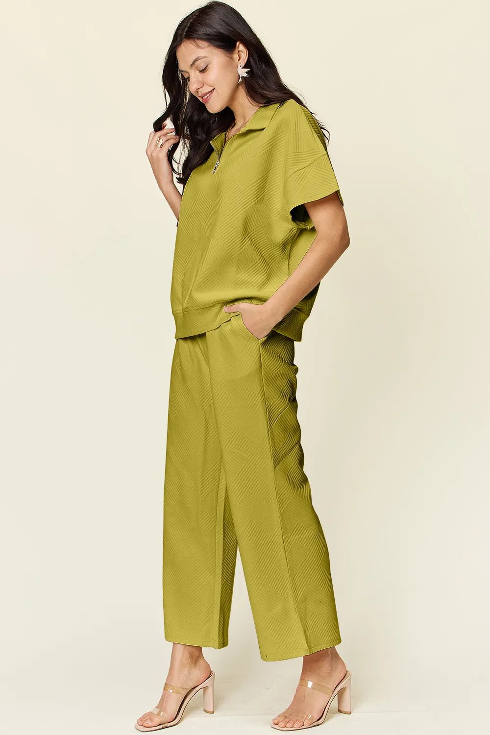 Double Take Full Size Texture Half Zip Short Sleeve Top and Pants Set - Modanista Fashion
