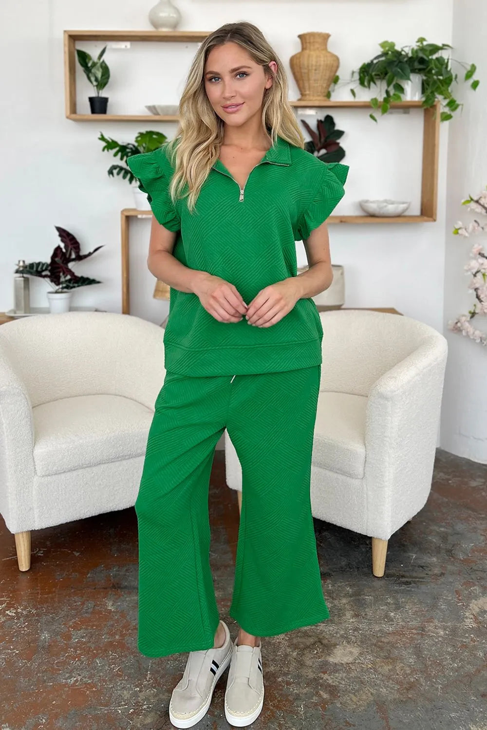 Double Take Texture Ruffle Short Sleeve Top and Drawstring Wide Leg Pants Set - Modanista Fashion