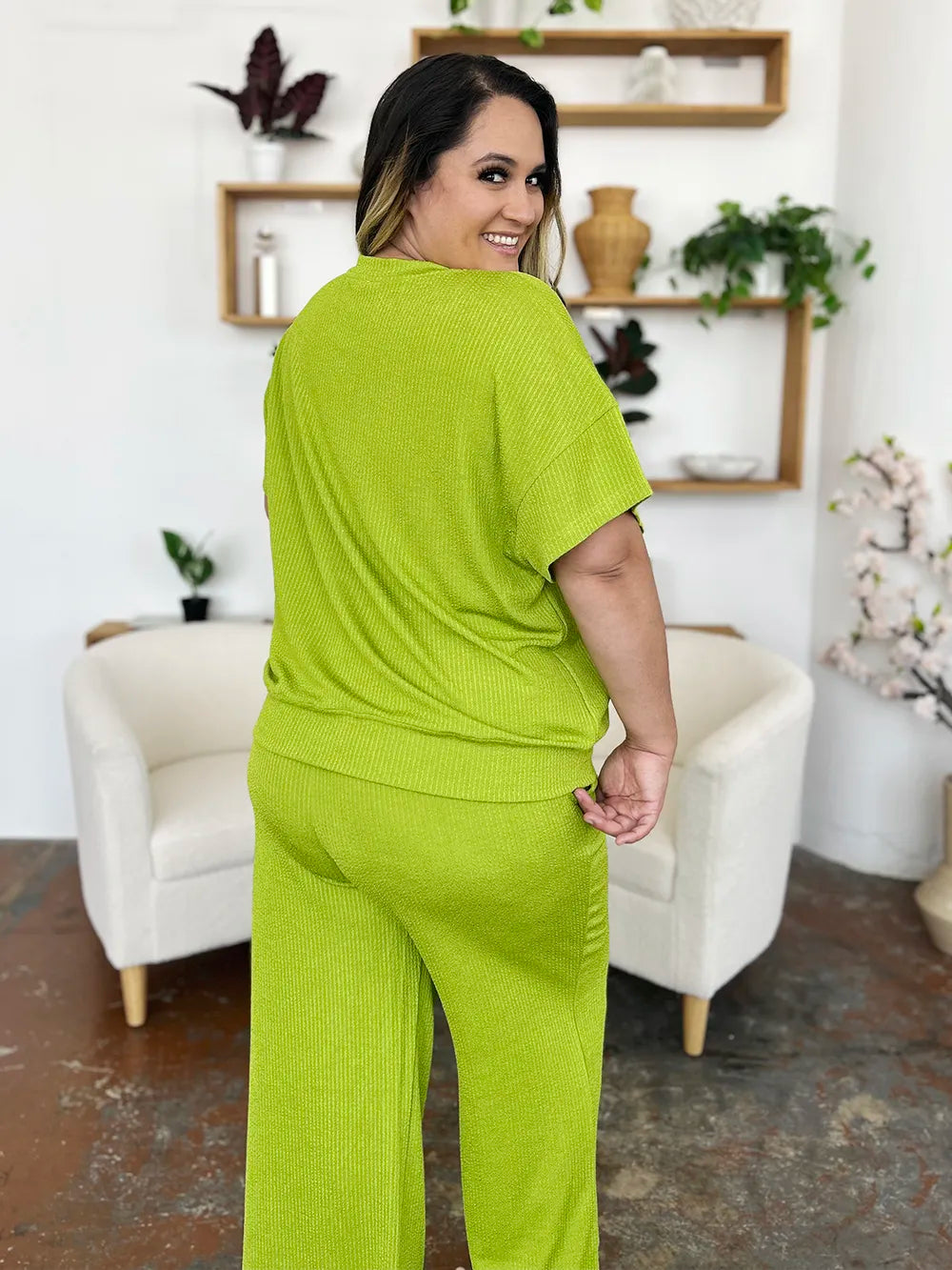 Double Take Full Size Texture Round Neck Short Sleeve T-Shirt and Wide Leg Pants - Modanista Fashion