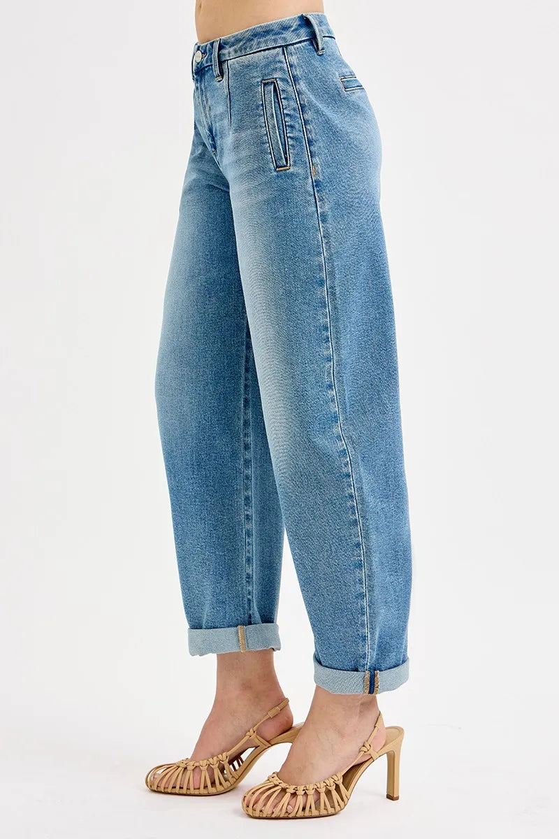 RISEN Full Size Mid Rise Fit Barrel Roll Up Jeans Plus Size - Modanista Fashion