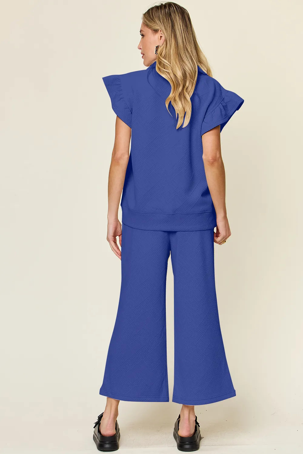 Double Take Texture Ruffle Short Sleeve Top and Drawstring Wide Leg Pants Set - Modanista Fashion