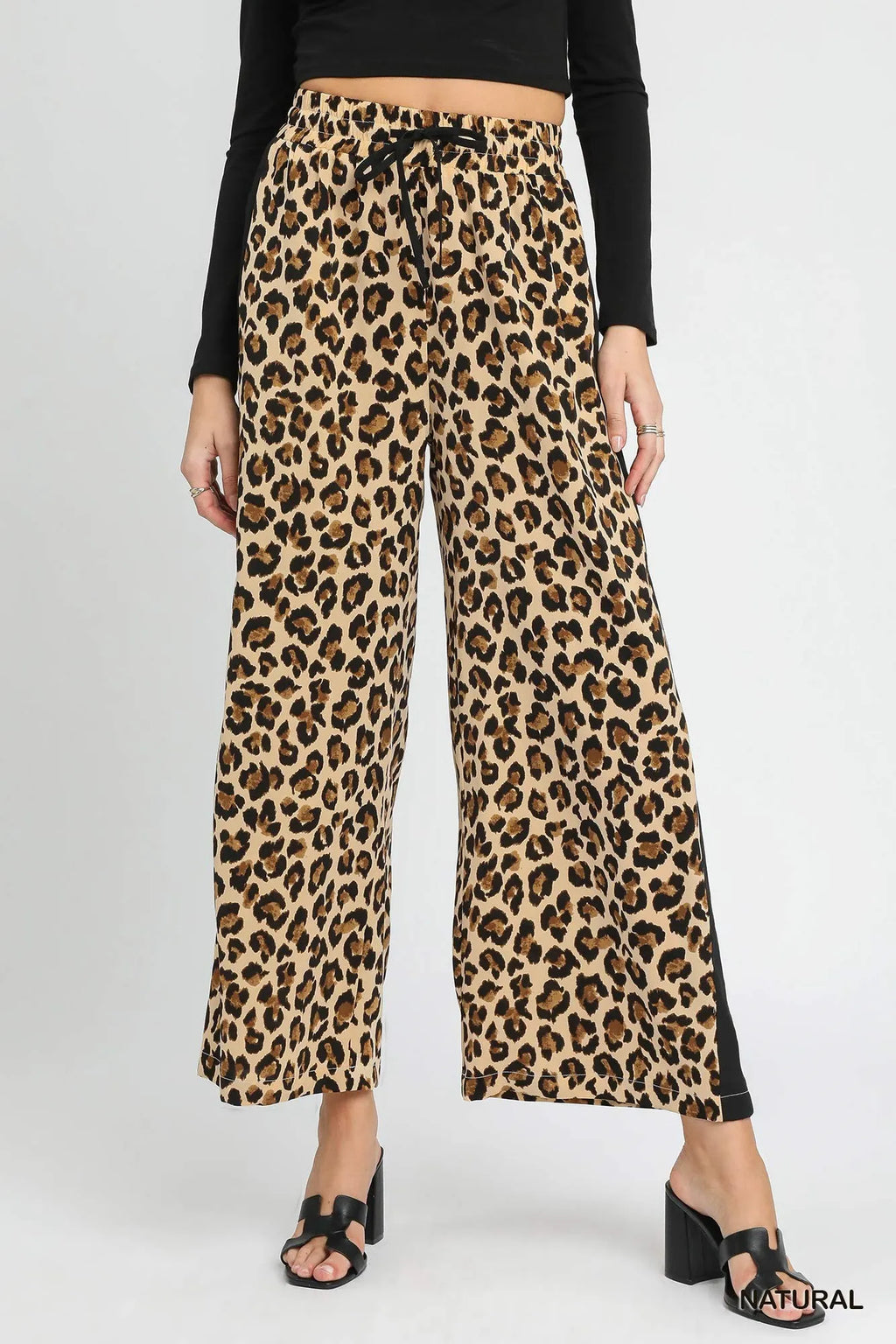 Umgee Leopard Print Wide-Leg Drawstring Pants - Modanista Fashion