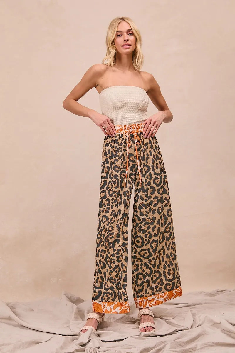 BiBi Leopard Print With Contrast Banded Wide Pants - Modanista Fashion