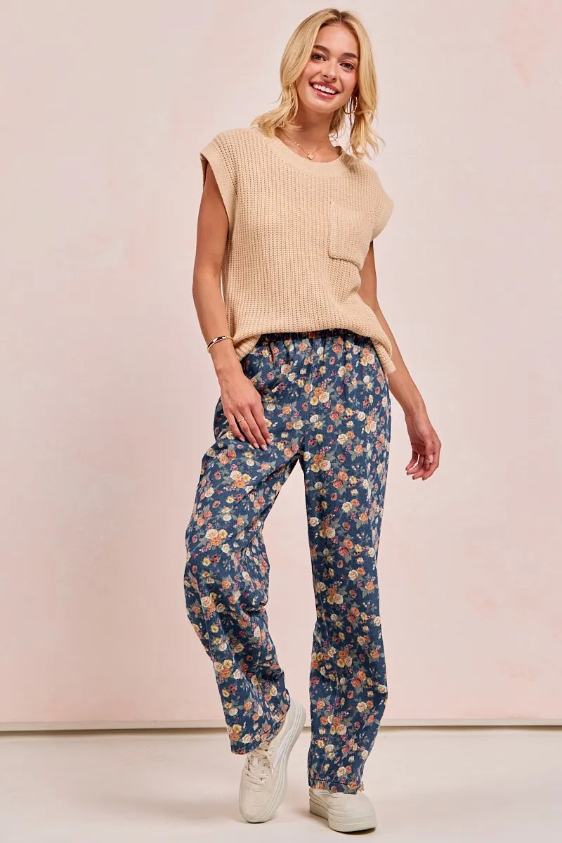 BiBi Washed Floral Print Wide Leg Jeans - Modanista Fashion