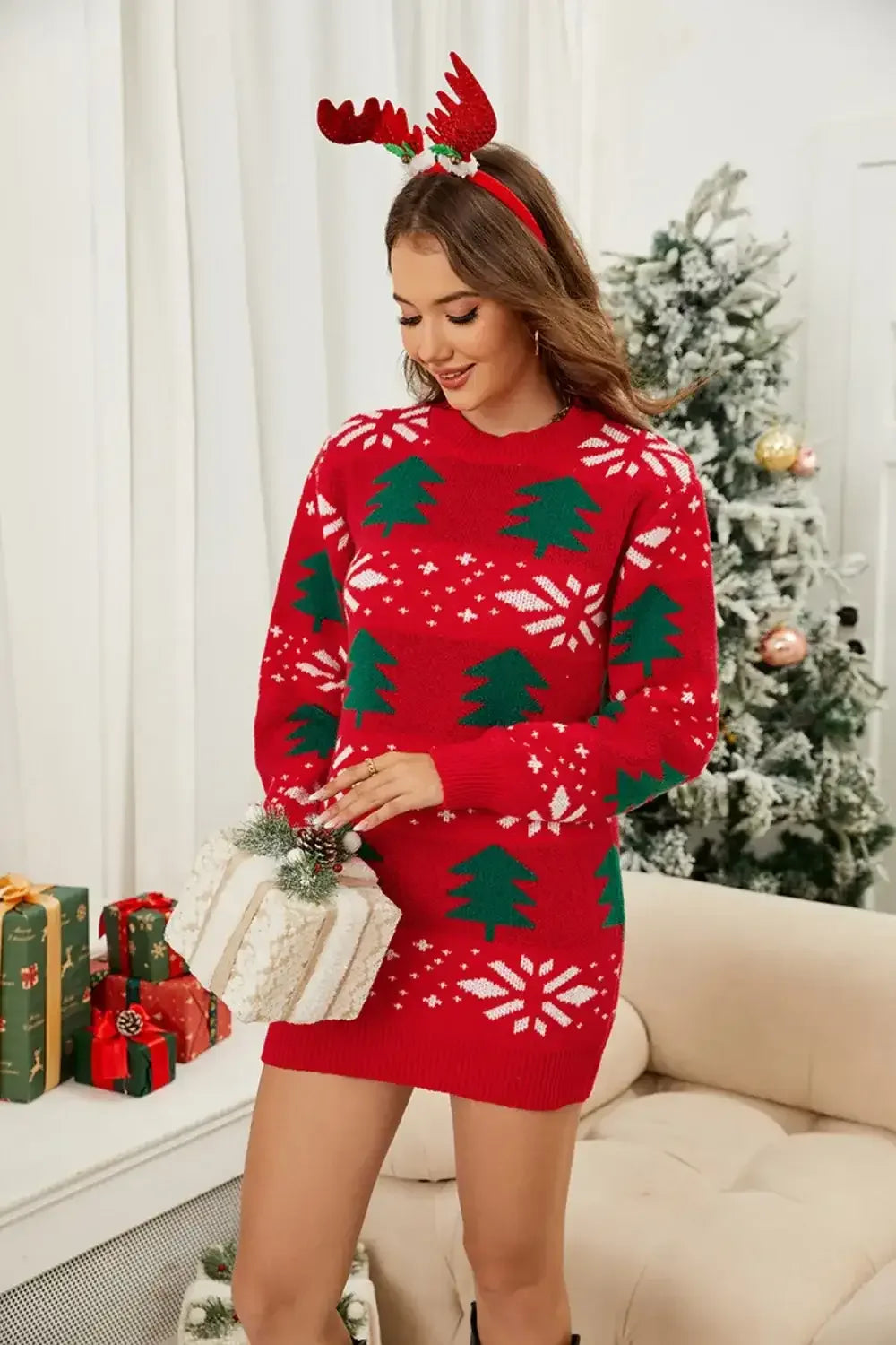 Christmas Tree Round Neck Sweater Dress - Modanista Fashion